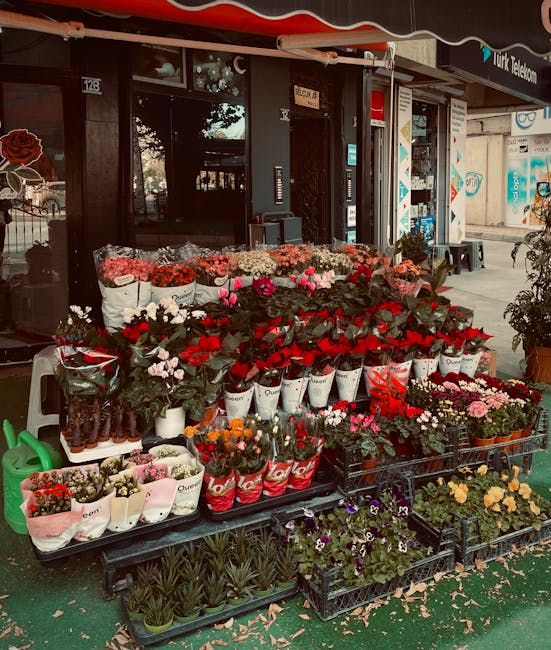 Outdoor display of fresh flowers arranged in bouquets and potted plants outside a florist shop. The arrangement includes red roses, pink and white carnations, and small purple and yellow flowering pla